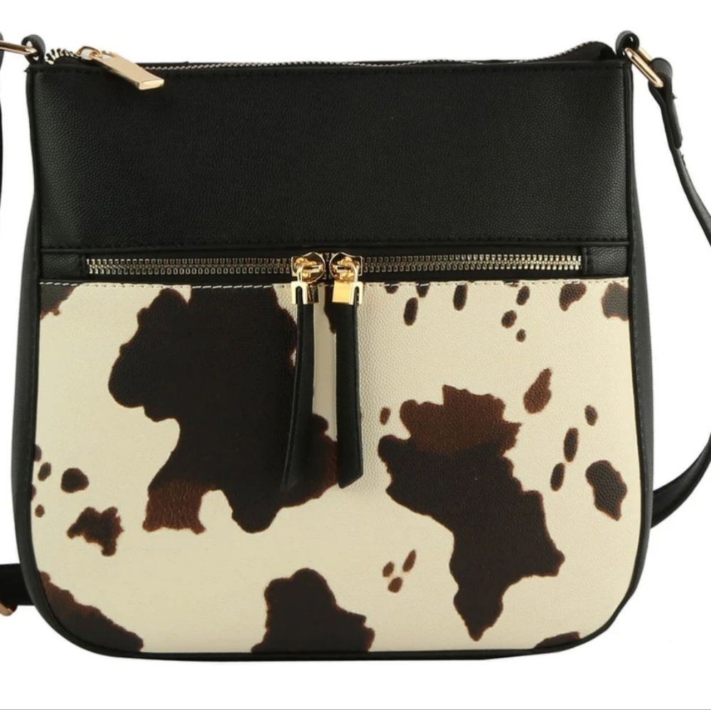 "SOLD" Black and White Crossbody Bag with Cow Print